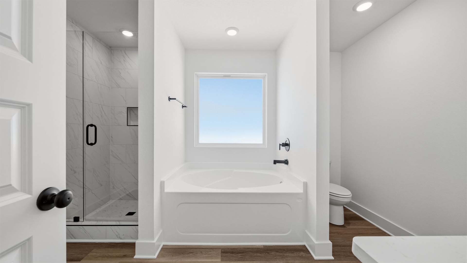 The primary bath features a shower and separate soak tub