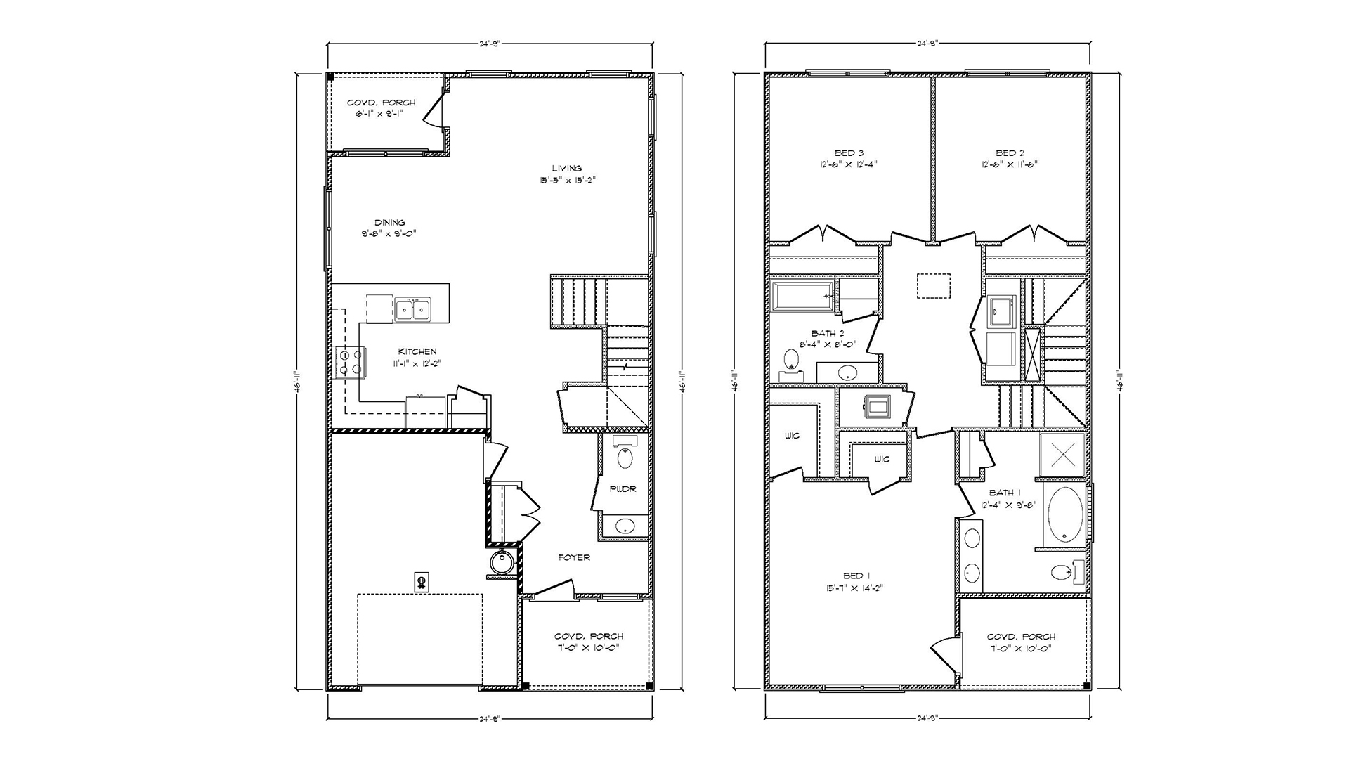 The Monroe floor plan showing two stories with three bedrooms and two and a half bathrooms and a single car garage