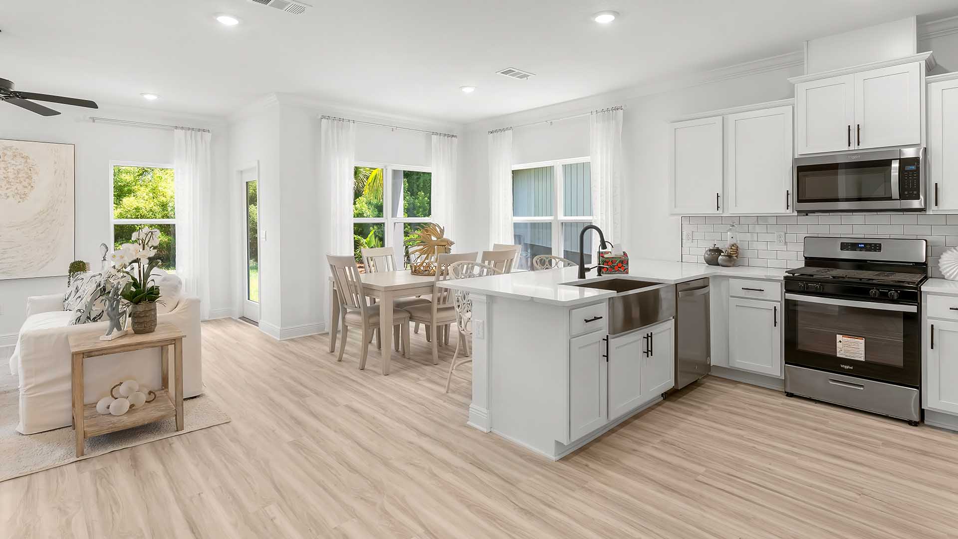 Staged model of the Monroe showing the open kitchen