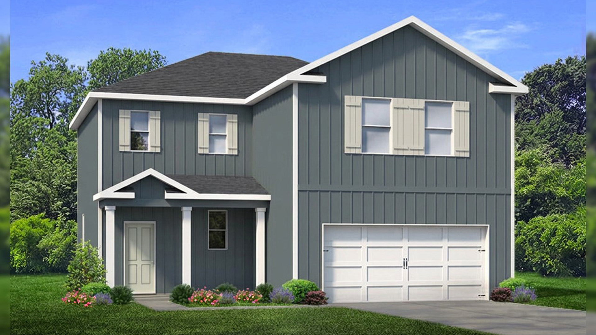 56 Ann Magnolia Lane is under construction. Image shows a rendering of the Callahan floorplan. This home will have a foundation on pilings