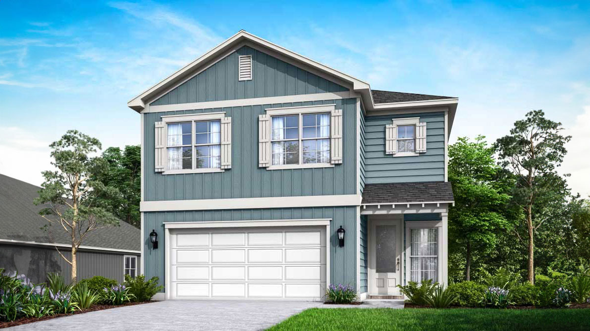 Breakfast Point Key Largo plan elevation B front rendering two story home with large windows and covered front patio and two car garage.