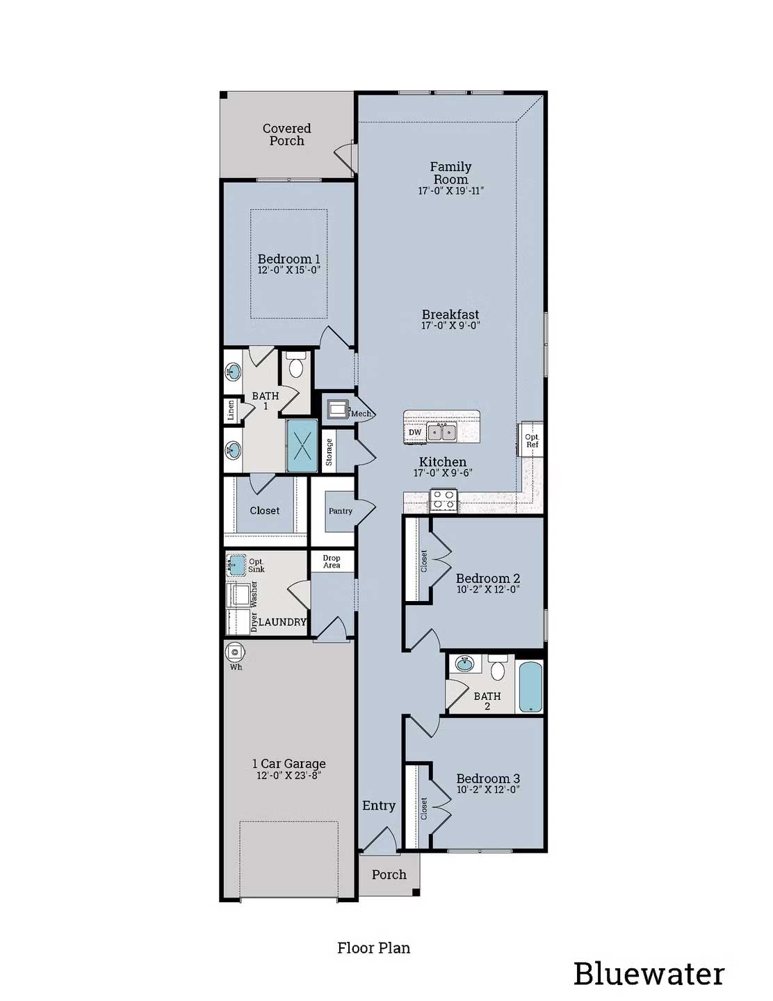 Bluewater floor plan showing three bedrooms and two full bathrooms with a left load garage.