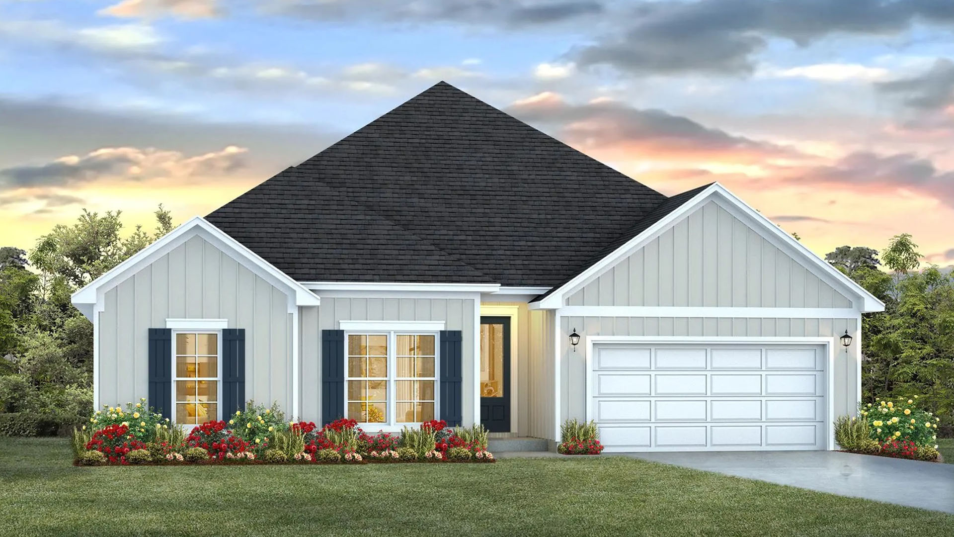 Breakfast Point Camellia plan elevation A rendering front of one-story home with large windows and covered front entrance and two car garage.