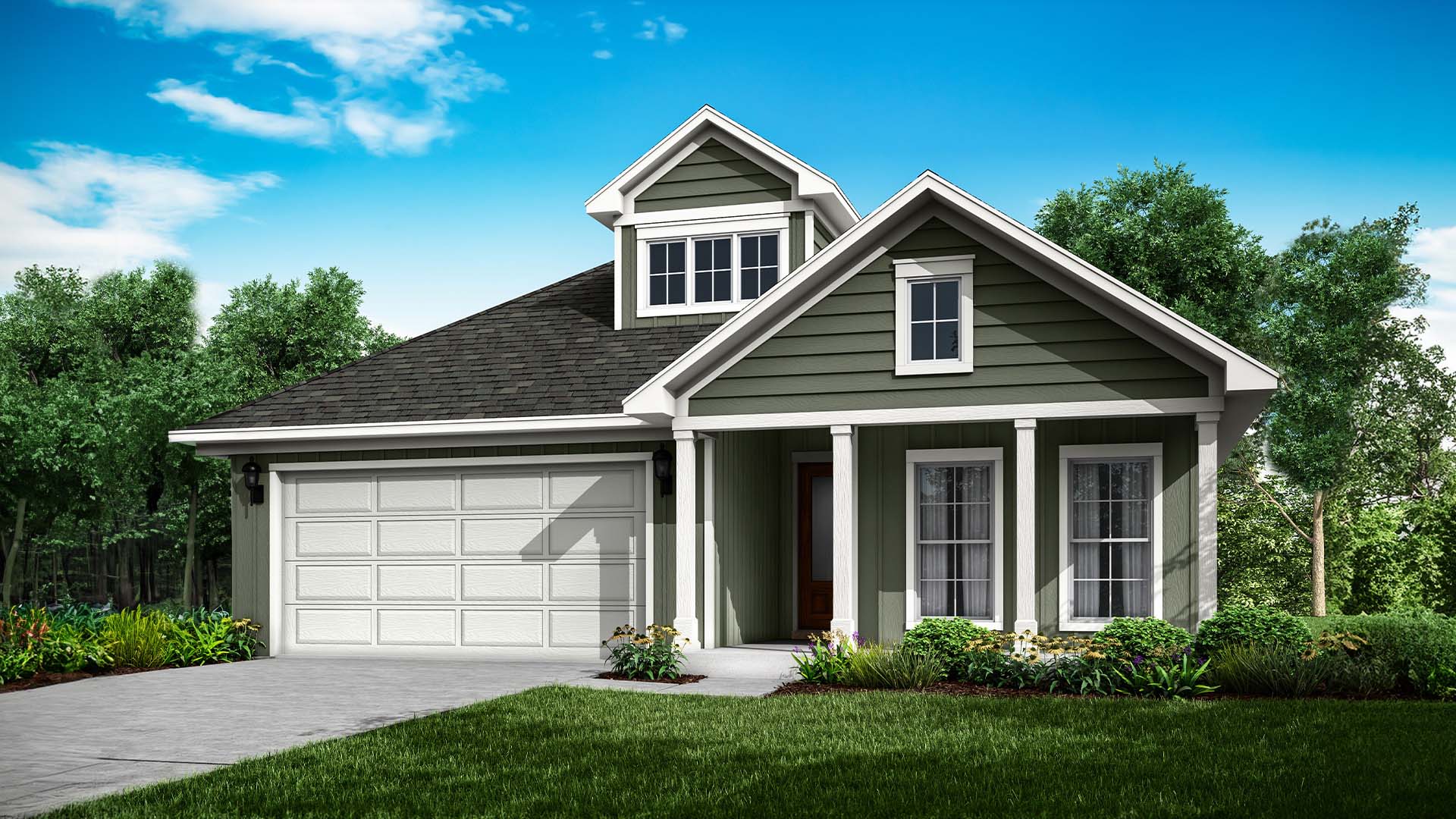 Breakfast Point Jubilee plan elevation D exterior rendering with covered front patio and large windows and a two car garage.