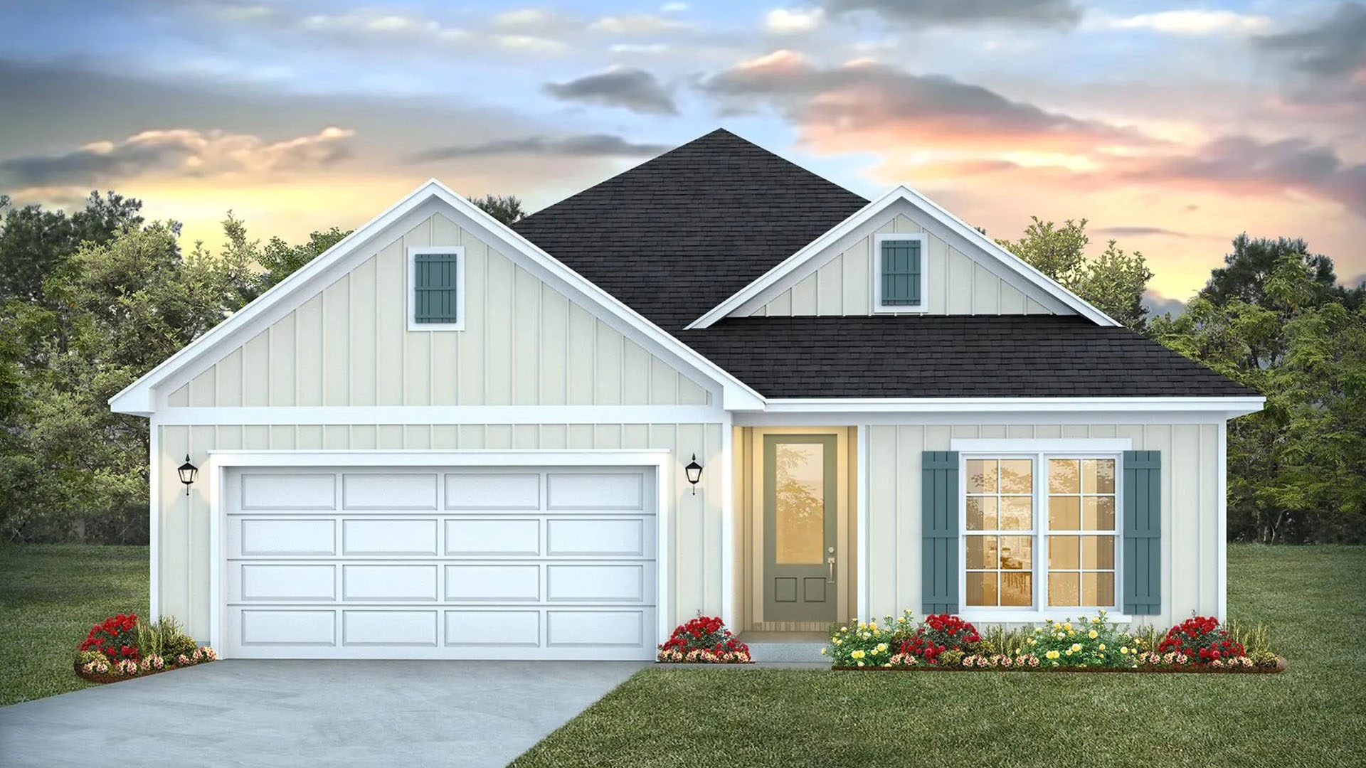 Breakfast Point Lily plan elevation A exterior rendering of single story home with large windows and covered entrance with glass front door and two car garage.