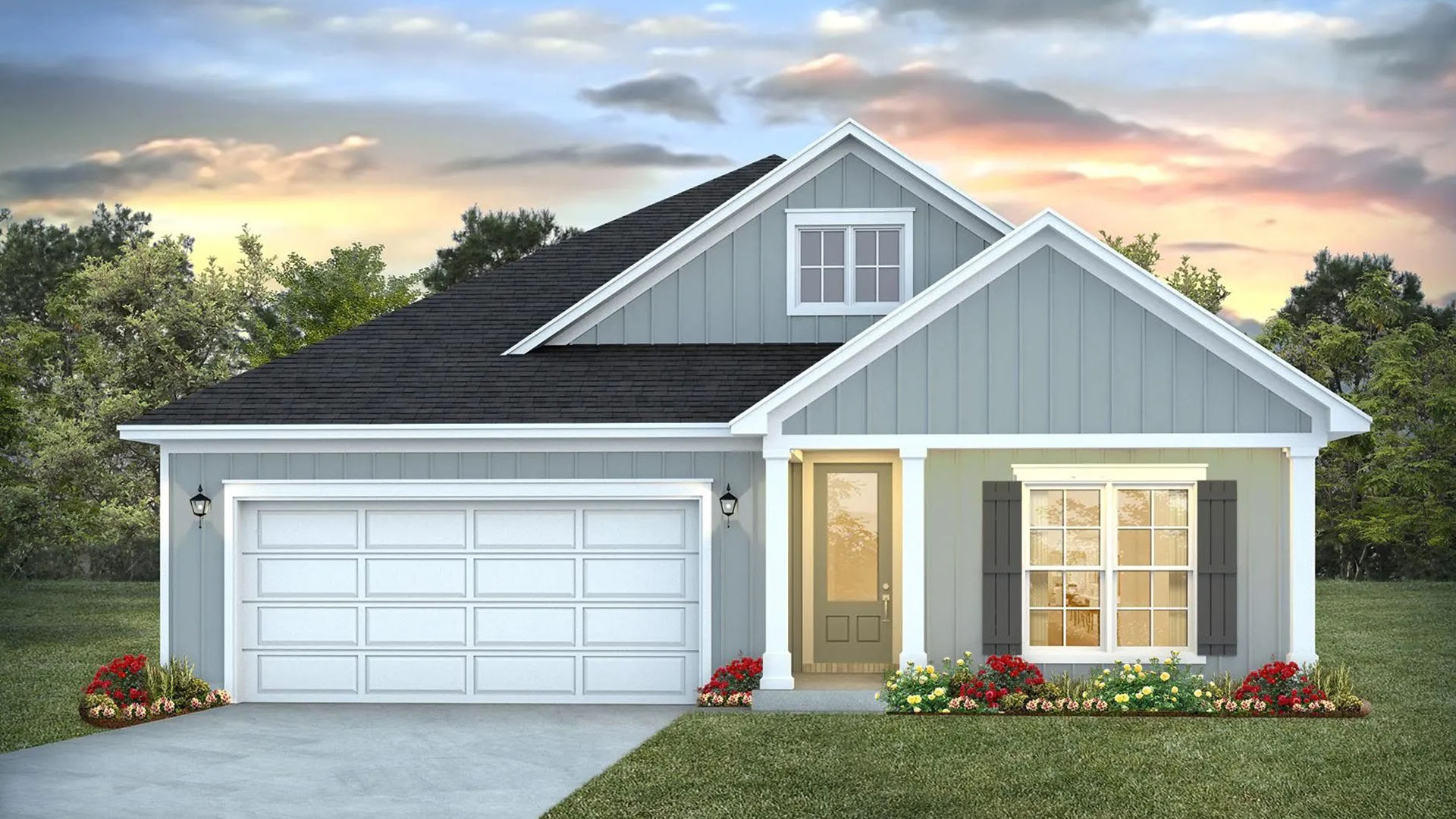 Breakfast Point Lily plan elevation D exterior rendering of single story home with covered front patio and large windows and two car garage.