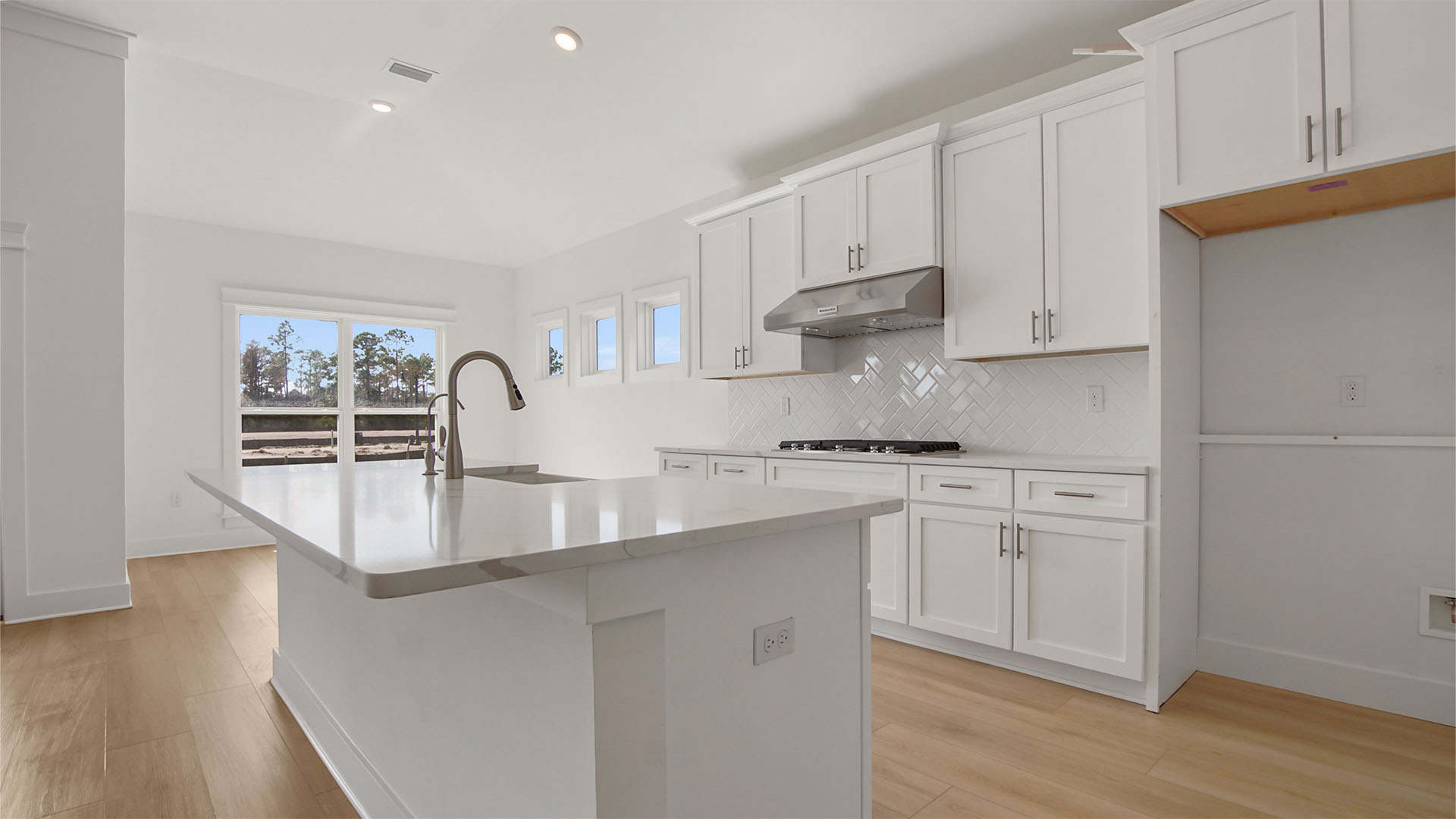 Open kitchen overlooking breakfast nook with large windows and EVP flooring and large kitchen island with well sink and quartz countertops.