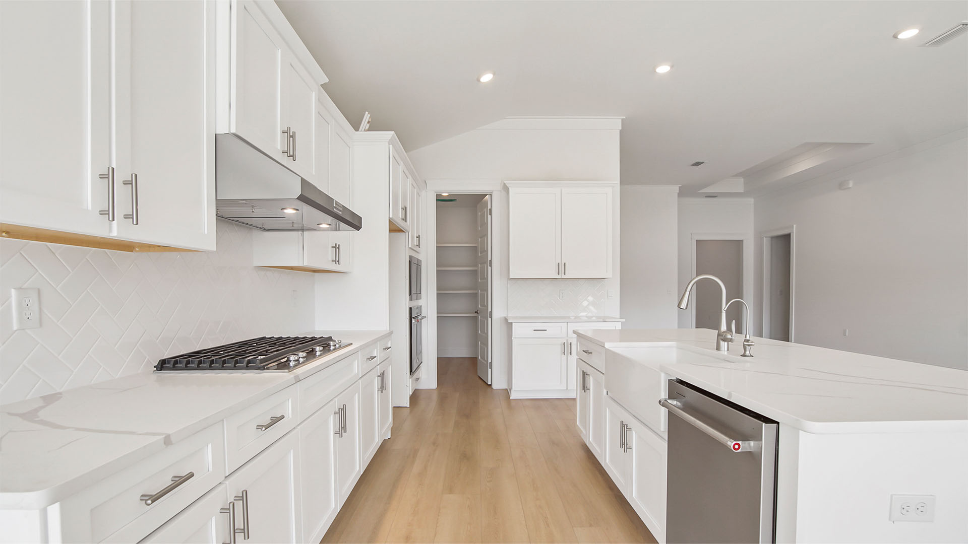 Open kitchen with EVP flooring and large island with well sink and dishwasher and walk-in pantry.