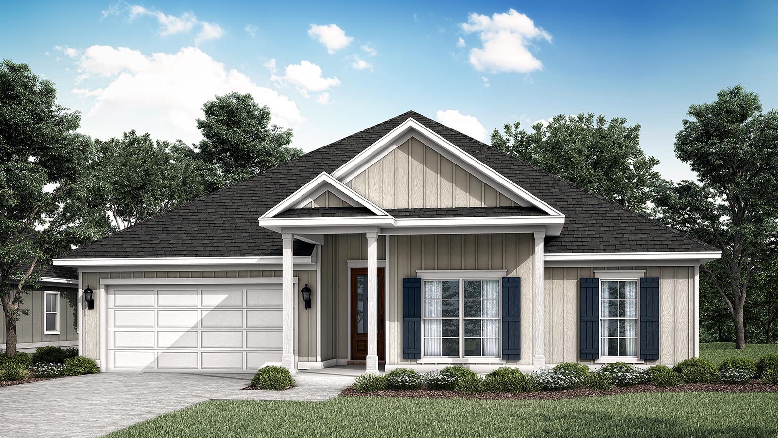 Breakfast Point Magnolia plan B exterior rendering with large windows and a covered front porch and two car garage.