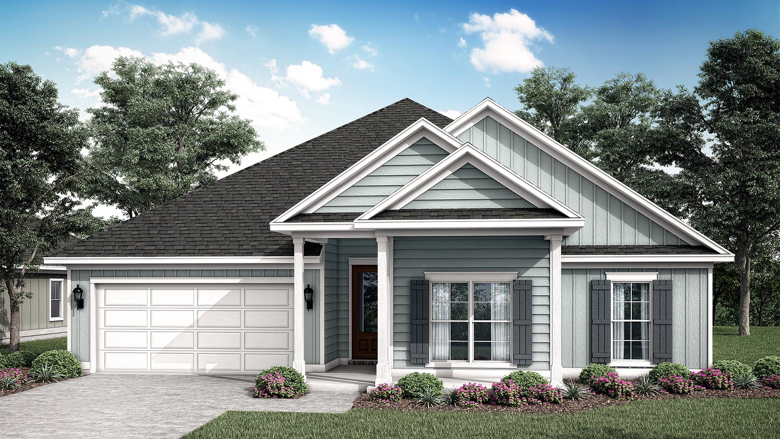 Breakfast Point Magnolia plan C exterior rendering with large windows and a covered front porch and two car garage.