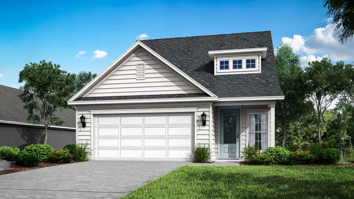 Breakfast Point Islamorada plan elevation B exterior rendering of two story home with windows on second floor and a cover front patio and two car garage.