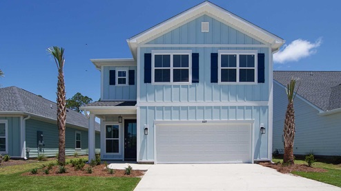 The Key Largo floor plan is a two story five bedroom three-and-a-half-bathroom floor plan with two car garage