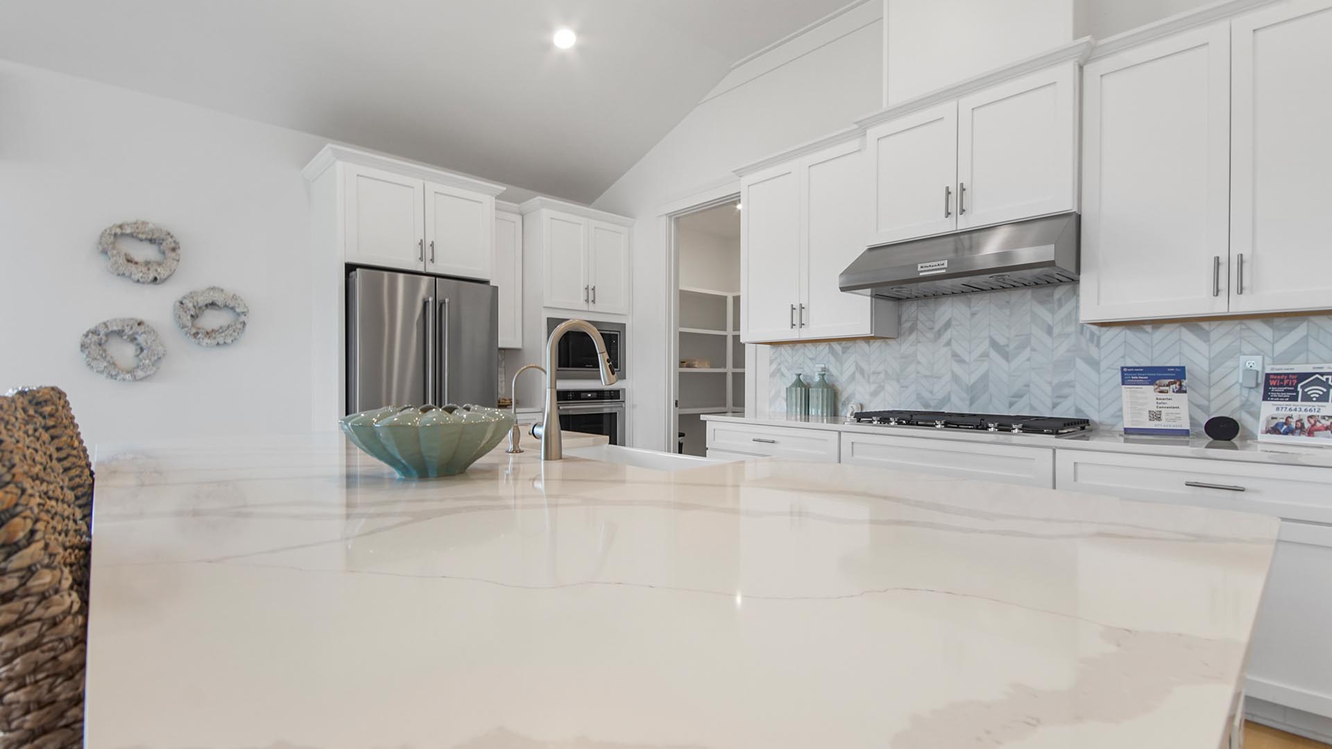 Spacious center island for meal service and preparation.