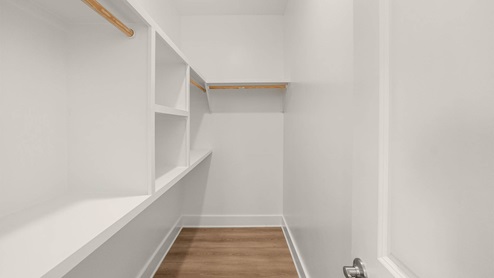 Walk-in closet with white shelving.