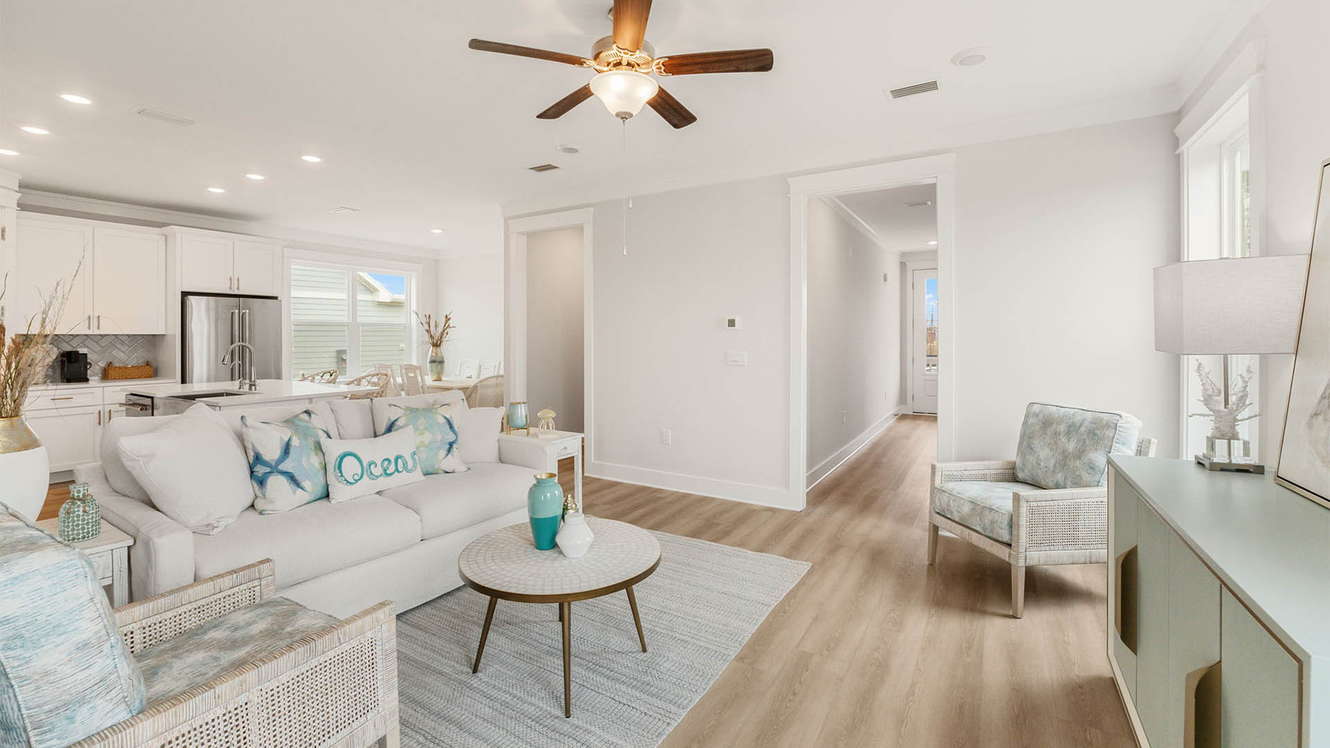 Furnished living room with EVP flooring.