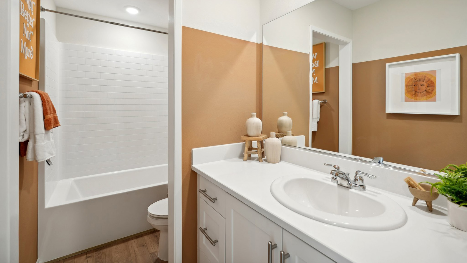 Secondary bathroom with vanity and tub shower combination
