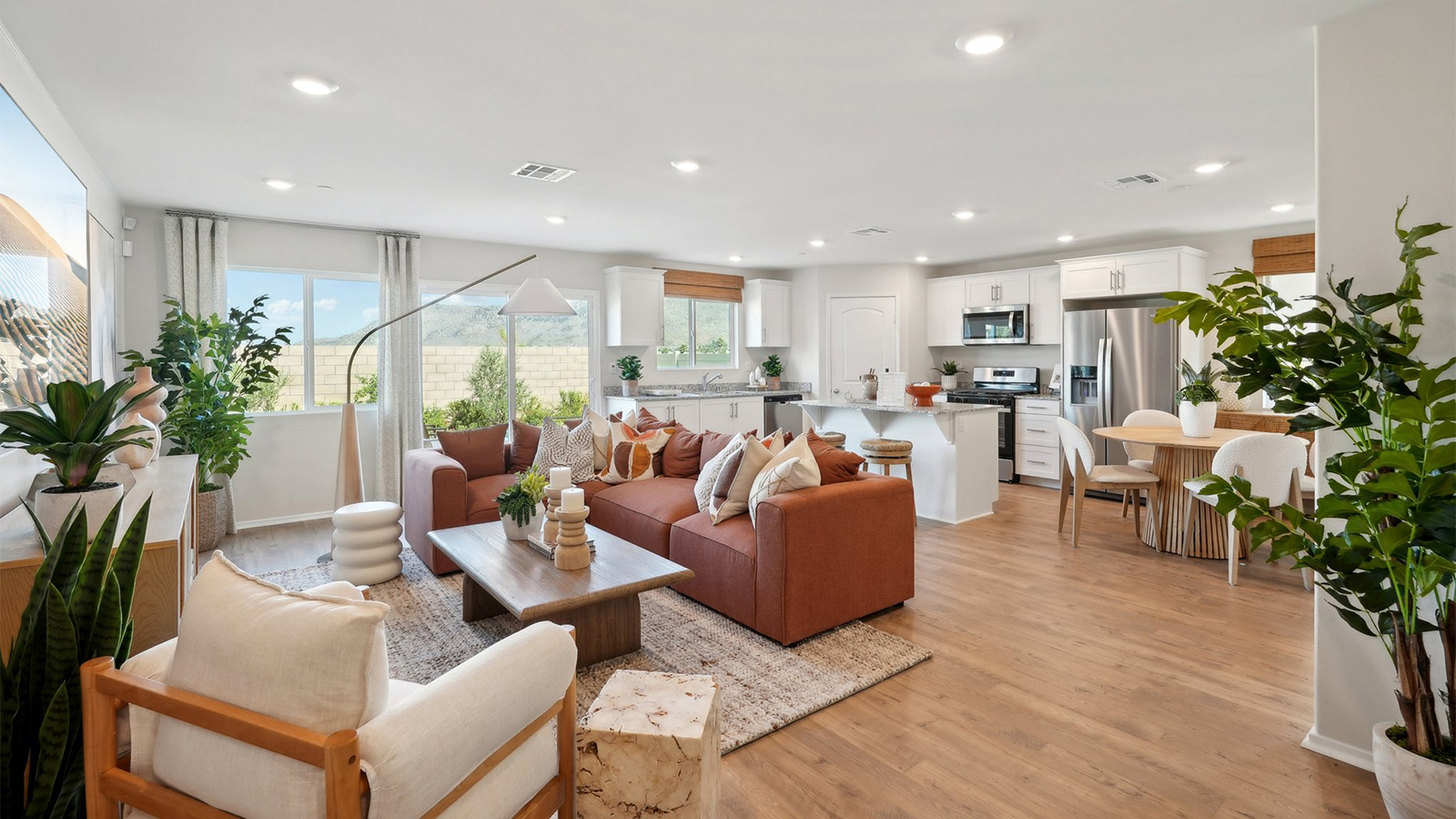 Spacious open-concept great room, dining room and kitchen