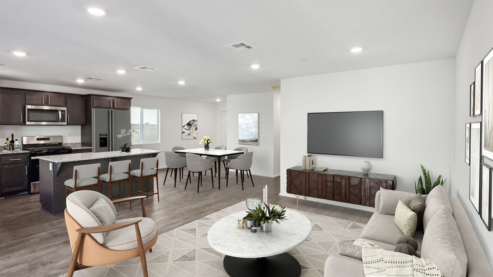 Spacious open-concept great room, dining room and kitchen