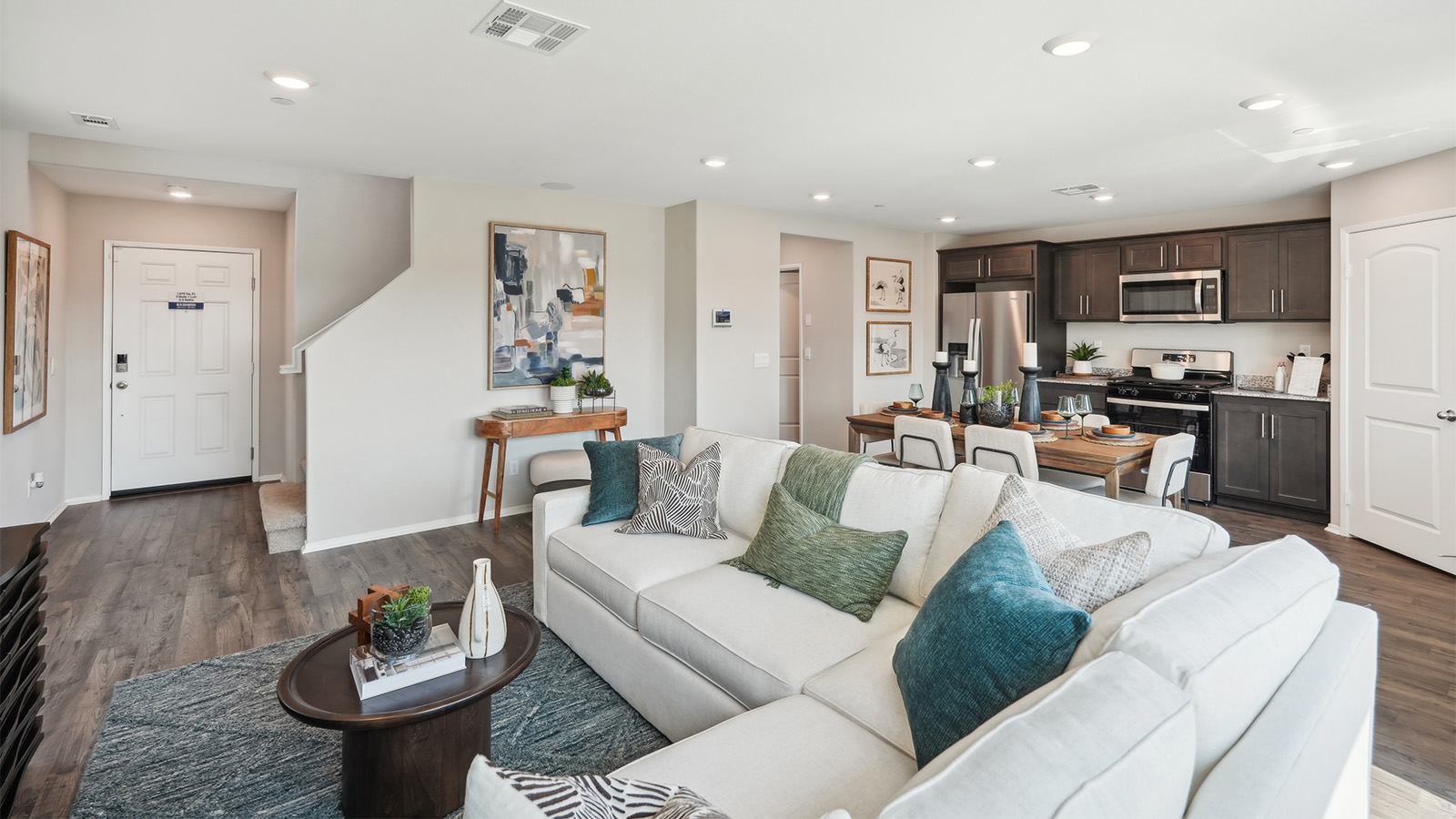 Spacious open-concept great room, dining room and kitchen
