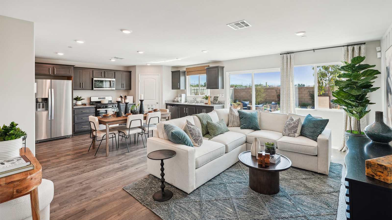 Spacious open-concept great room, dining room and kitchen