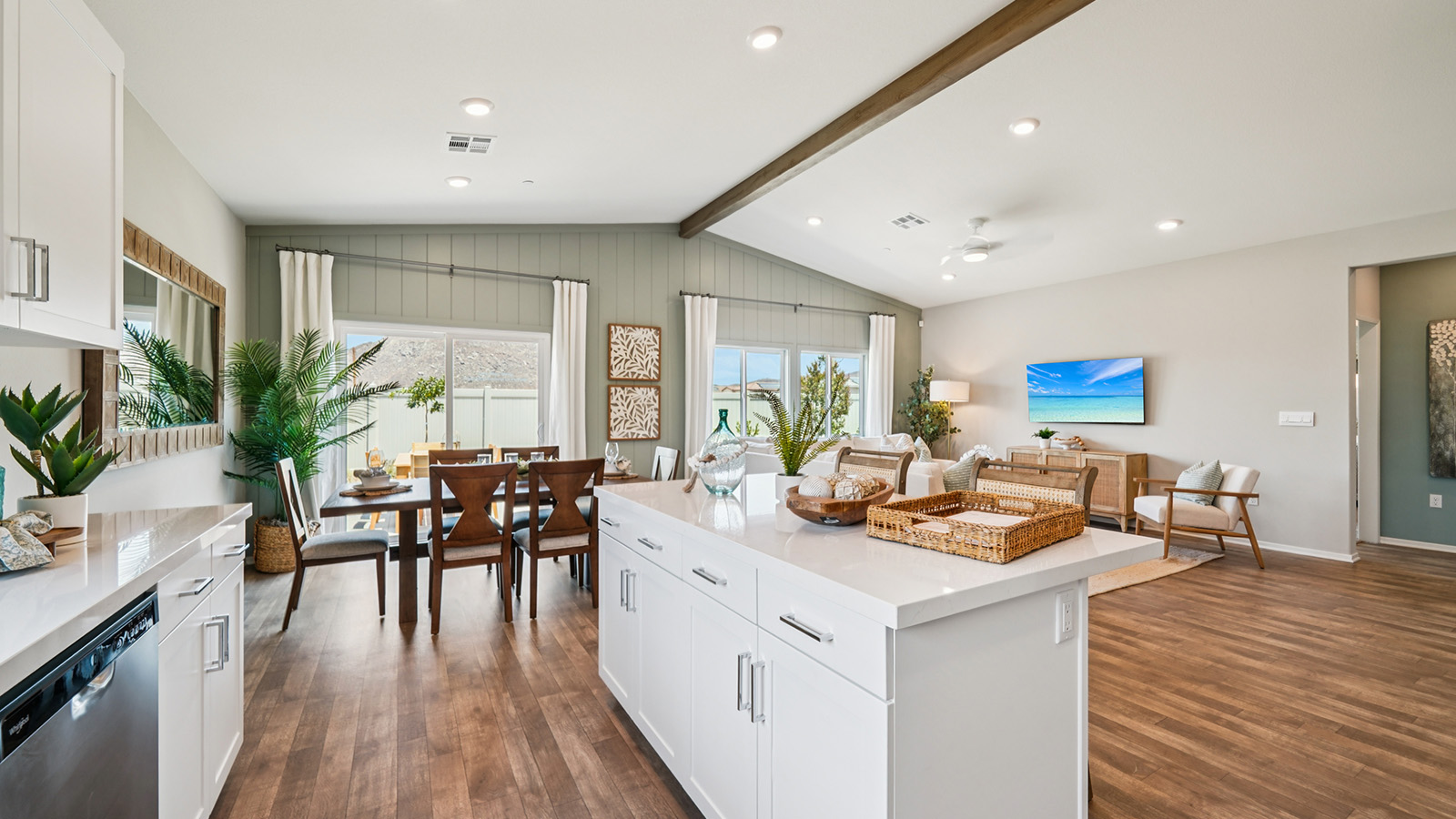Spacious dining, living, and kitchen