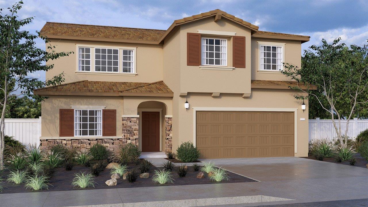 Two-story Tuscan home with stone veneer, two-car garage and shutters