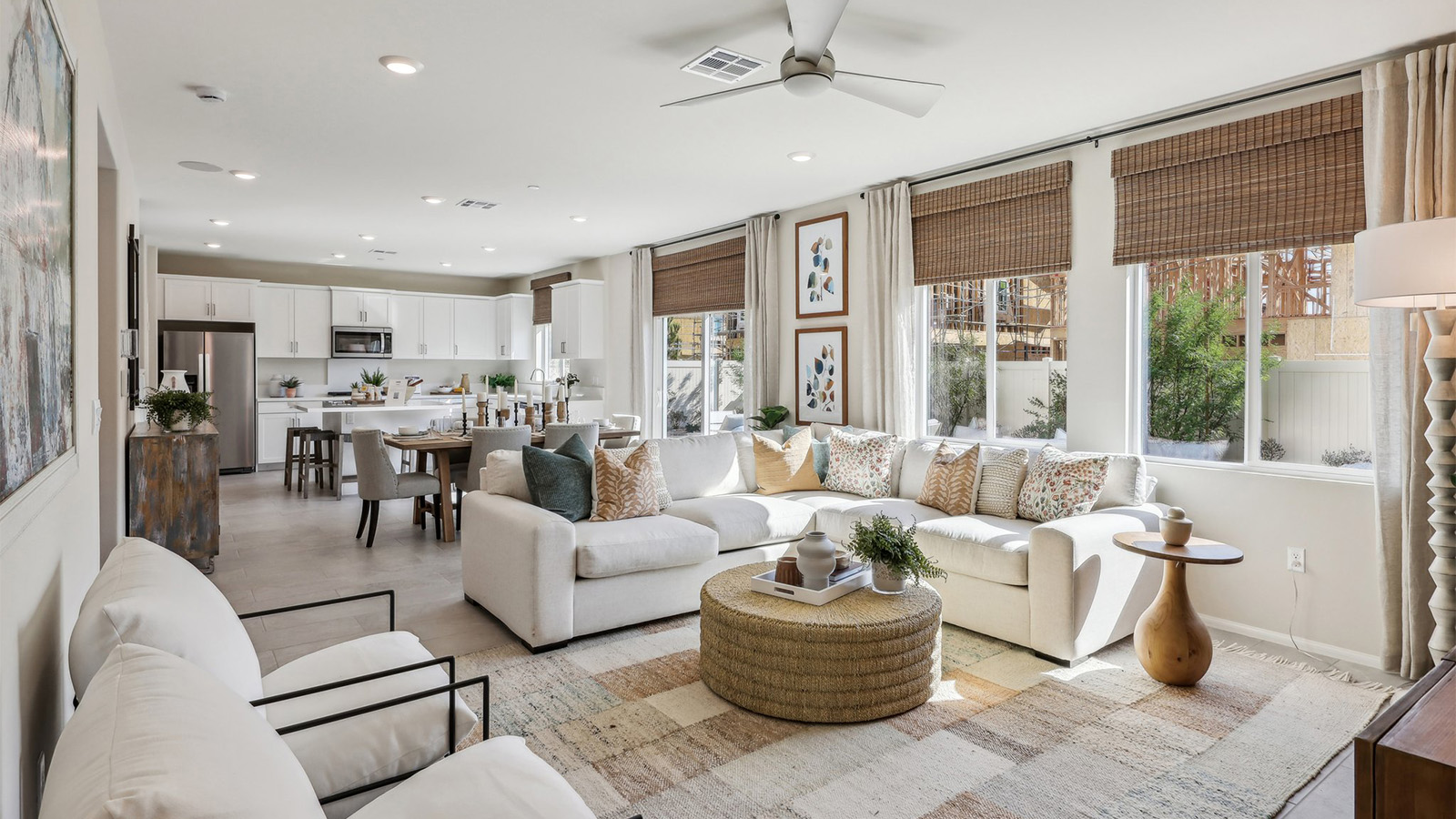 Spacious open-concept great room, dining room and kitchen