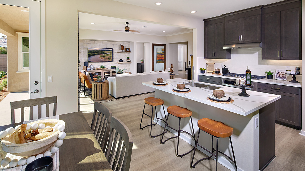 Open-concept kitchen dark cabinets quartz countertops and stainless steel appliances