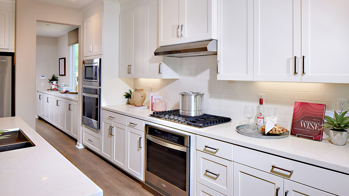 odern kitchen with white cabinets quartz countertops and stainless steel appliances