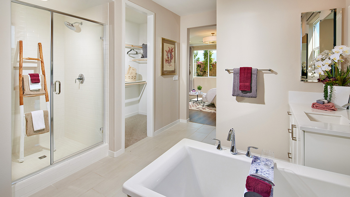 Primary bathroom with walk-in closet, shower, tub, his and hers sinks