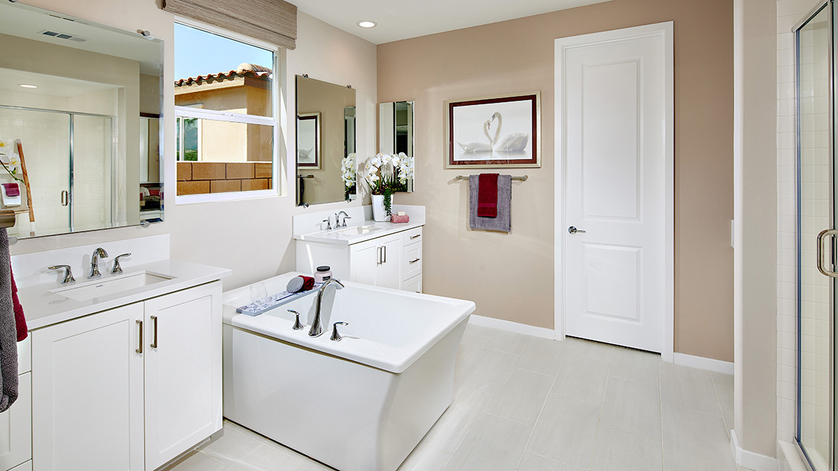 Primary bathroom with walk-in closet, shower, tub, his and hers sinks