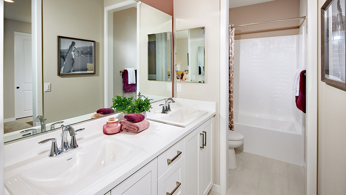 Bathroom with his and hers sinks and tub shower combination