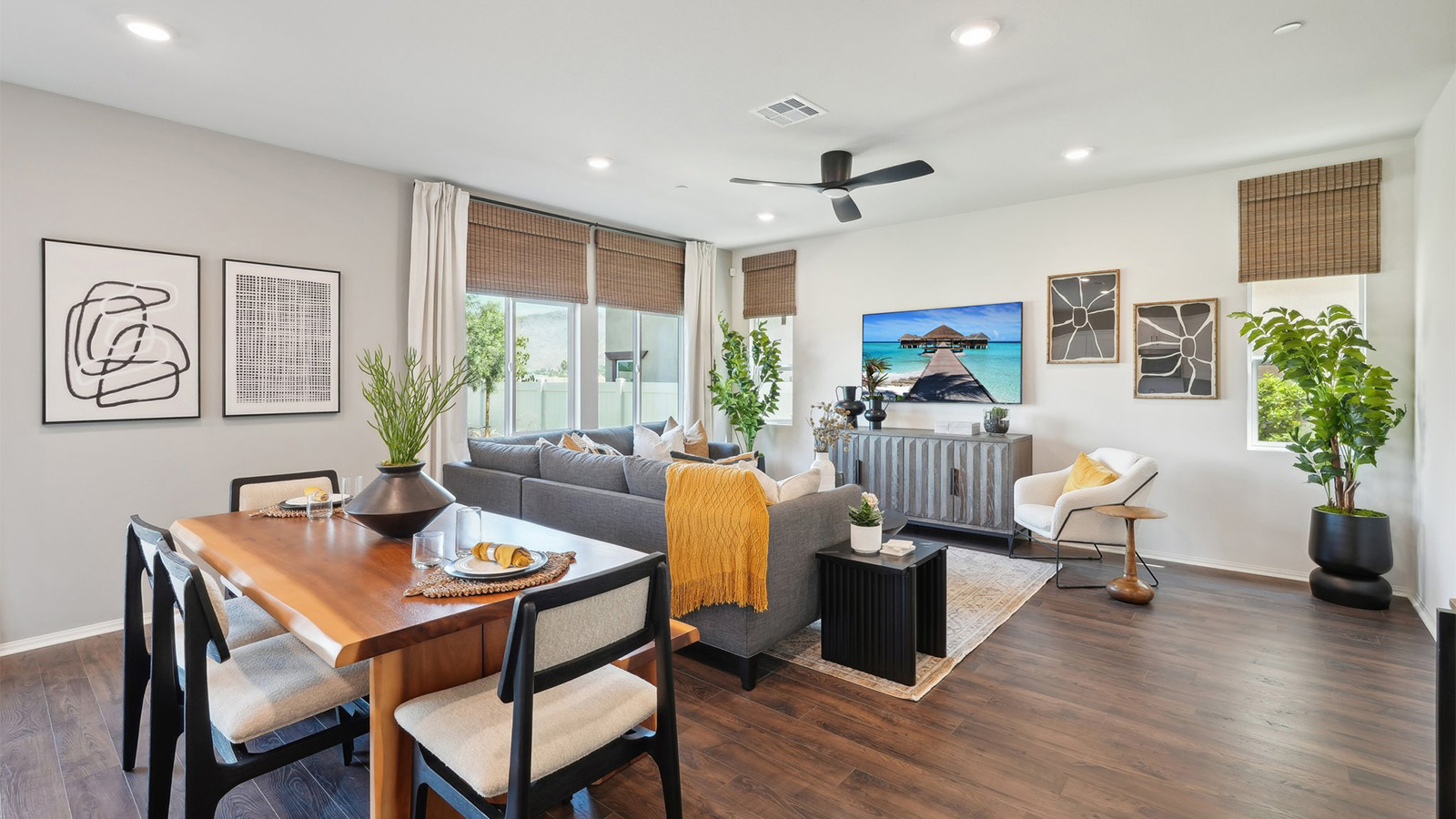open concept great room dining and kitchen
