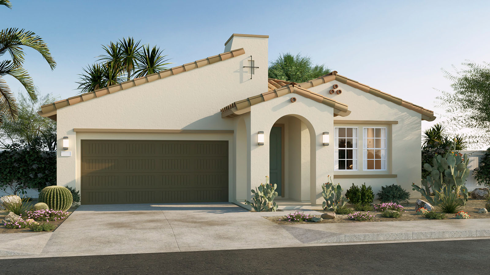 One-story Spanish Contemporary home with arched entry and two-car garage