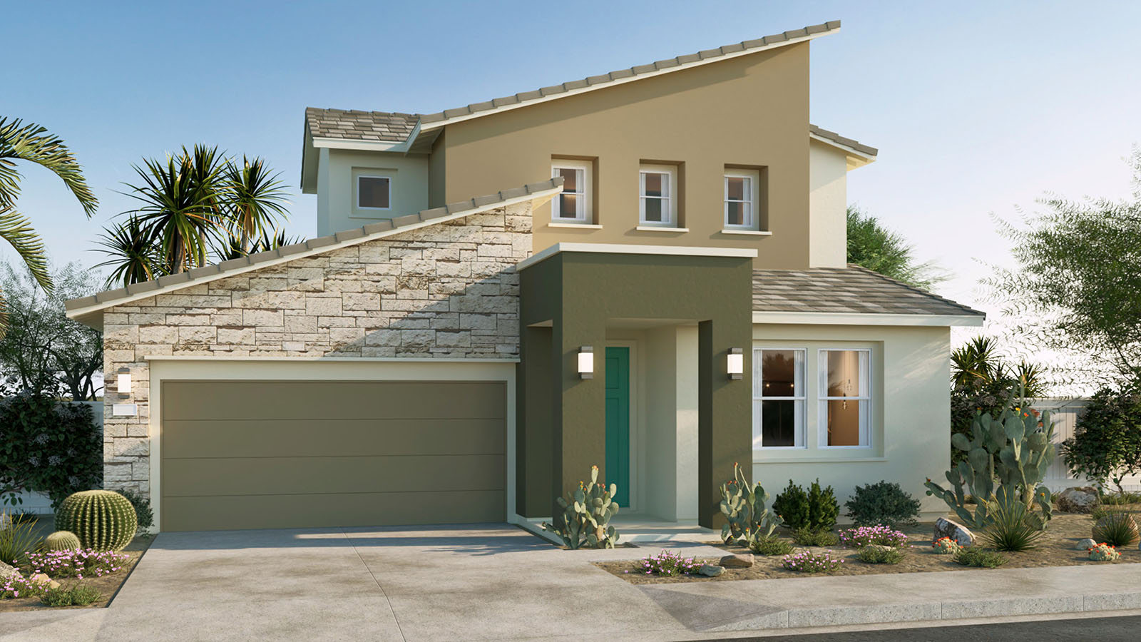 Two-story Modern home with stone veneer and two-car garage