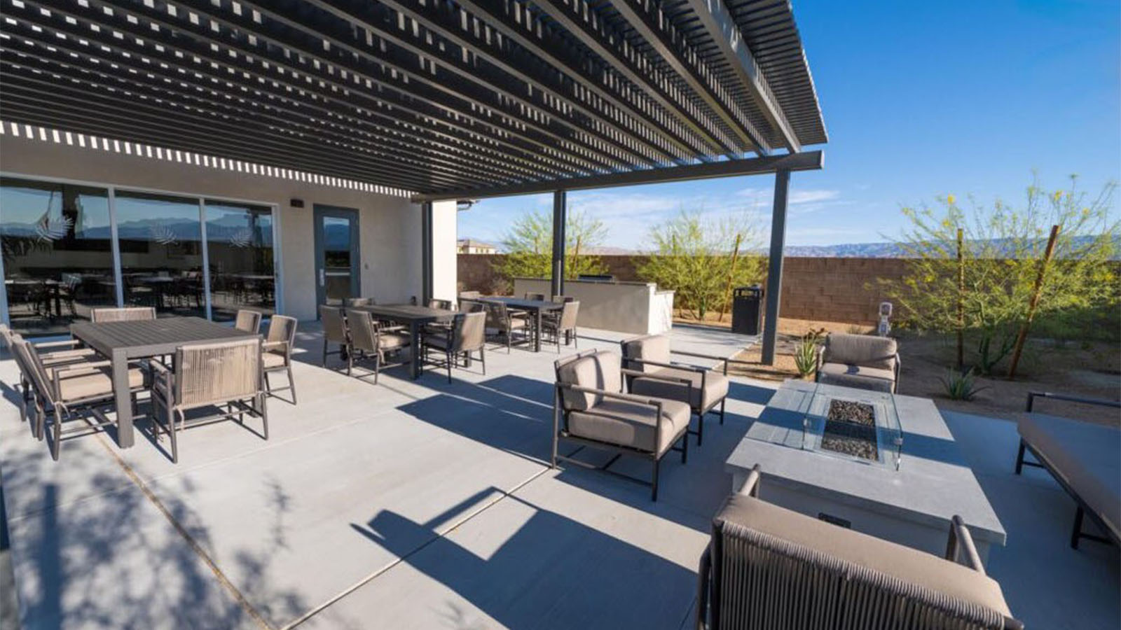 Covered seating area and bbq at community recreation center