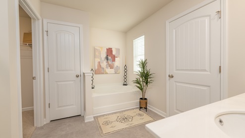 Primary Bath with separate tub and shower with grey cabinets