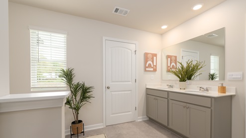 Primary Bath with separate tub and shower with grey cabinets