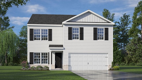 Two-story home with white siding and covered front porch and two car garage