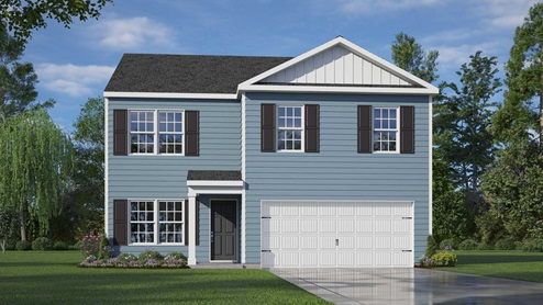 Two-story home with blue siding and covered front porch and two car garage