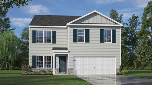 Two-story home with gray siding and covered front porch and two car garage