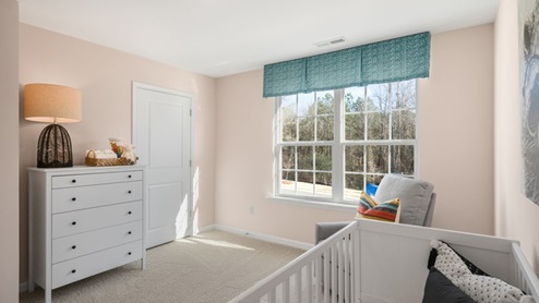 nursery with large window for natural light and closet and carpet flooring