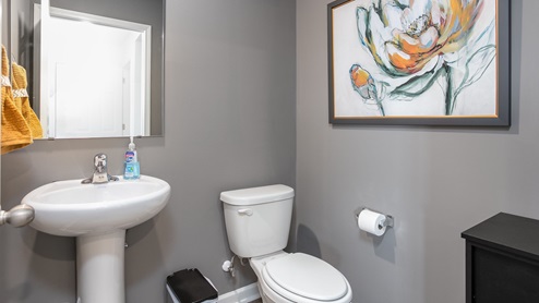 powder room with gray walls and sink and toilet