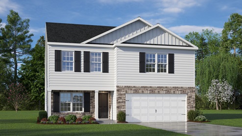Two-story home with gray siding and covered front porch and two car garage and brick