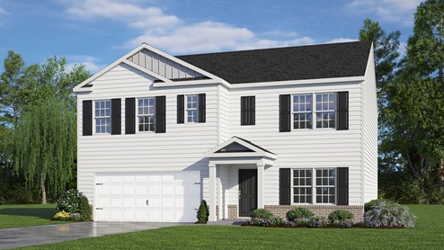 Two-Story home with white siding and covered porch and two car garage