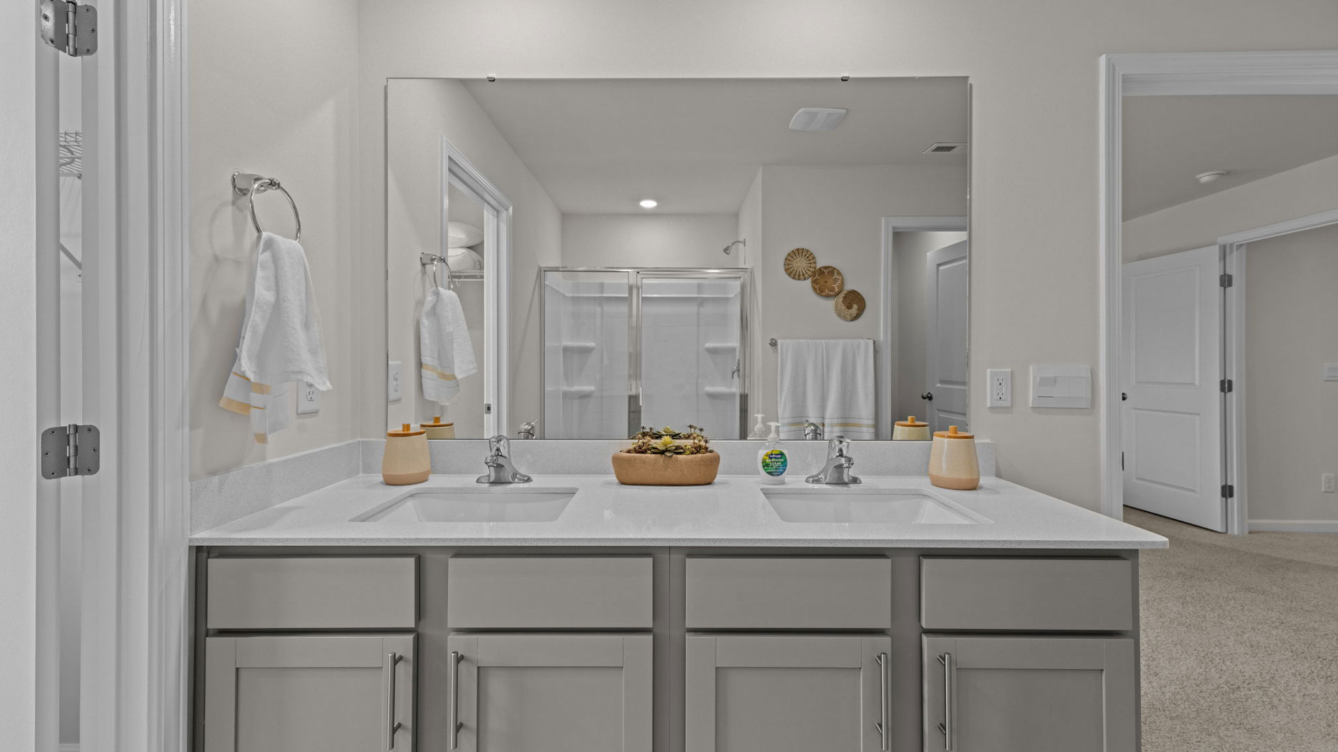 Primary bathroom with carpet counters