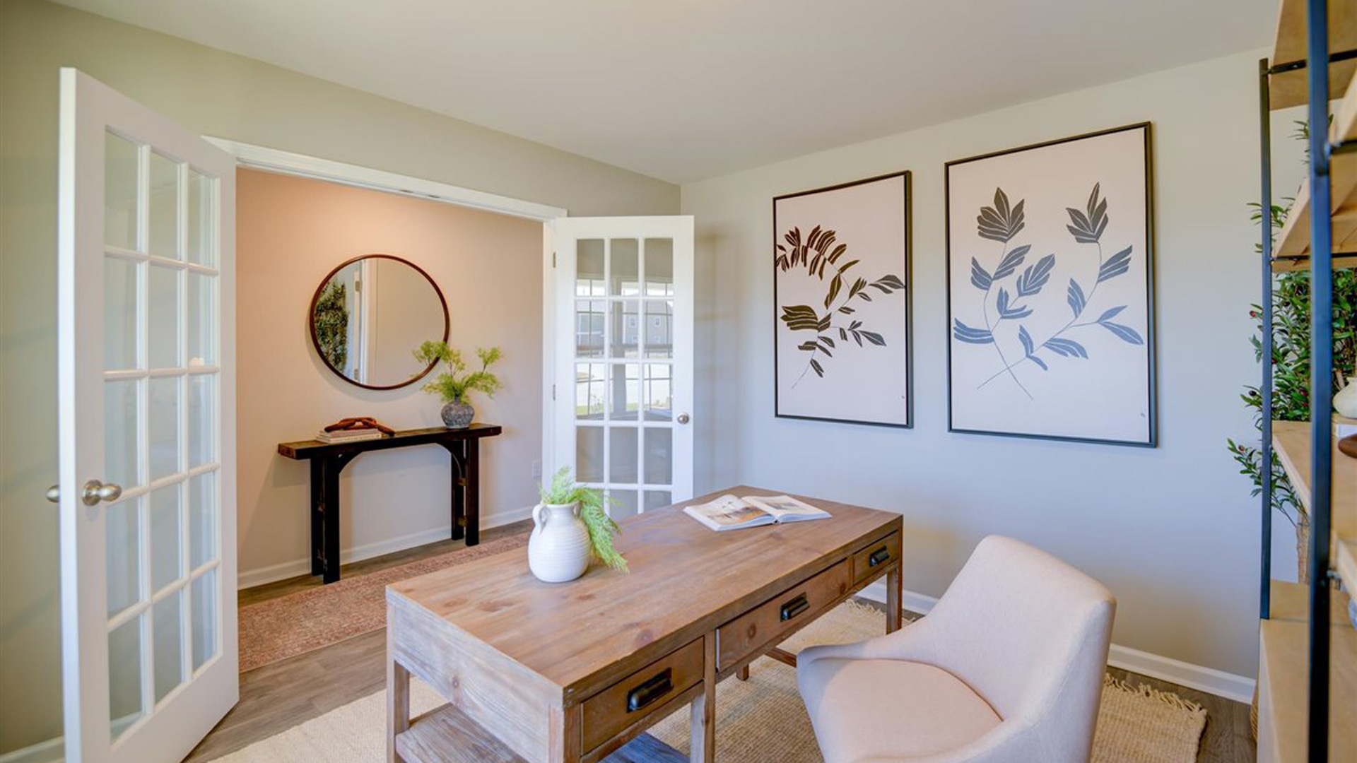 Home office with French doors.