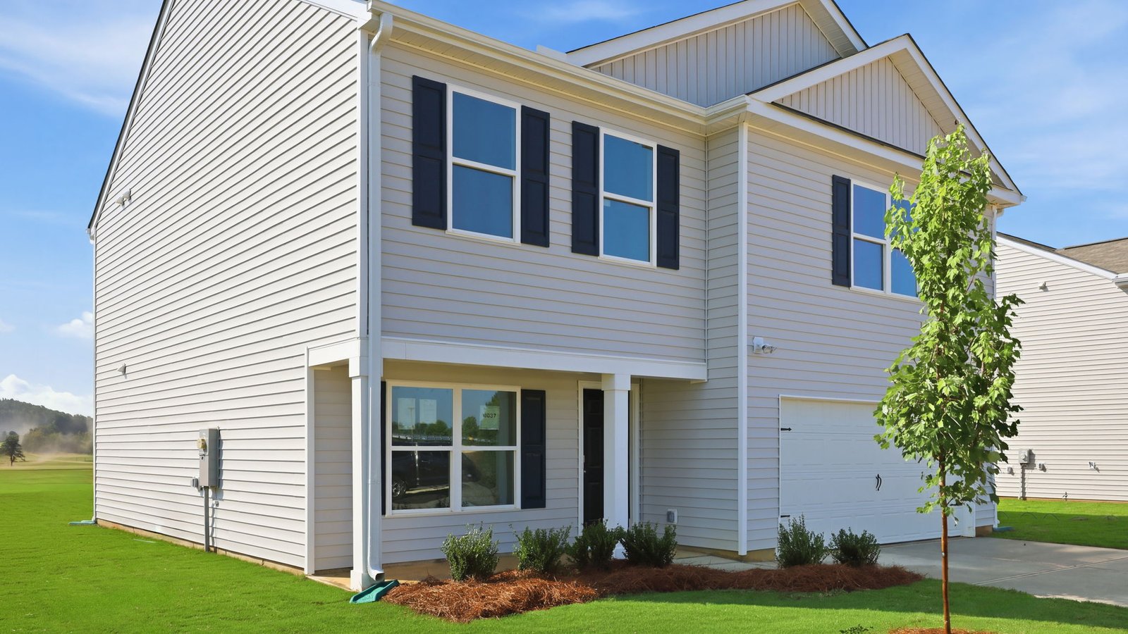 exterior of two story home with vinyl and two car garage