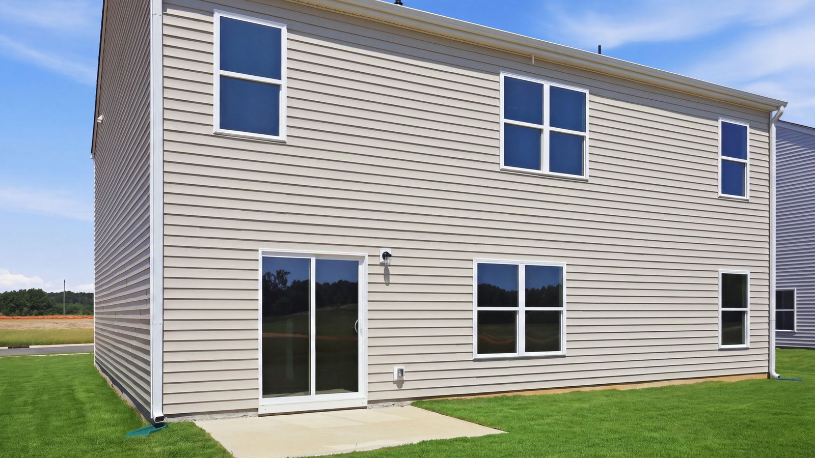exterior of two story vinyl home with back patio pad