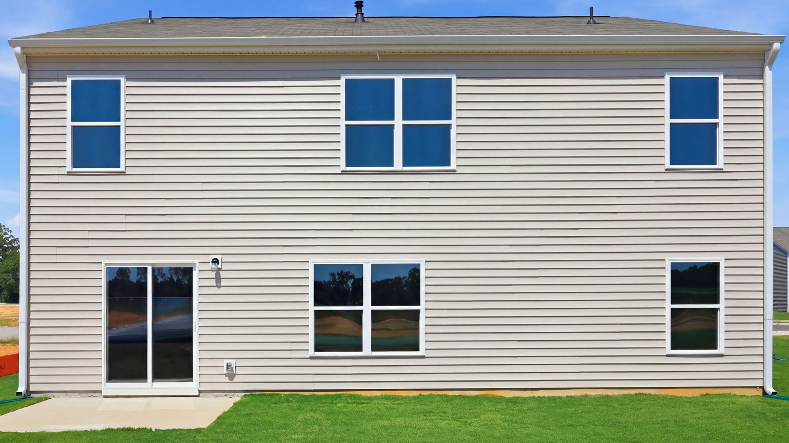 exterior of two story vinyl home with back patio pad